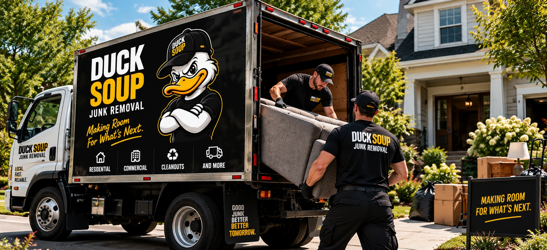 Duck Soup Junk Removal crew loading a couch onto their branded truck outside a home on Long Island