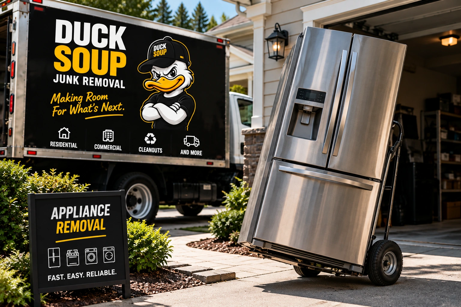 Duck Soup crew hauling a refrigerator away on a hand truck