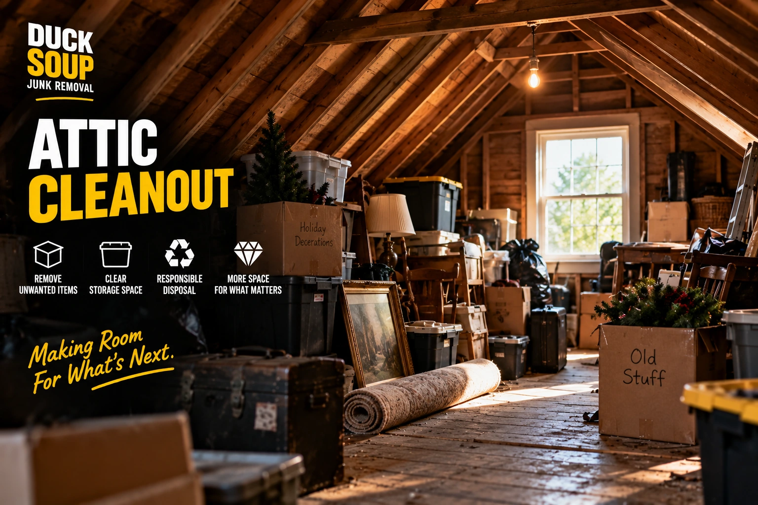 Attic full of stored boxes, old furniture and bins before a Duck Soup attic cleanout
