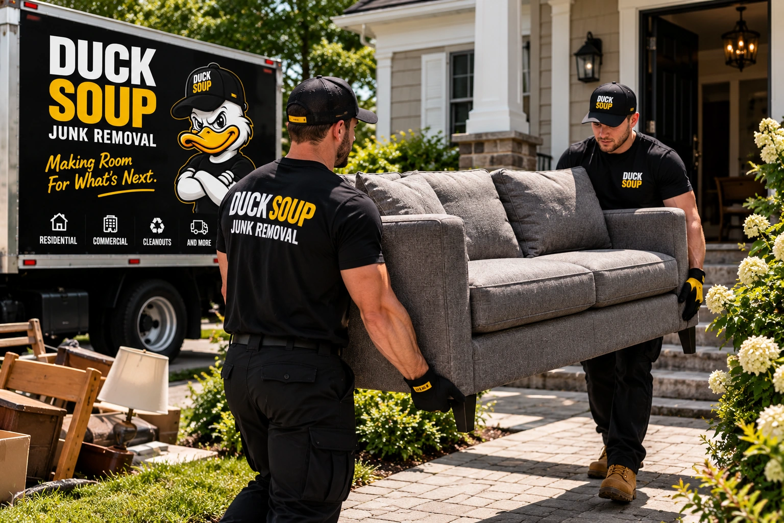 Two-person Duck Soup crew carrying a sofa out of a home, branded truck in the driveway