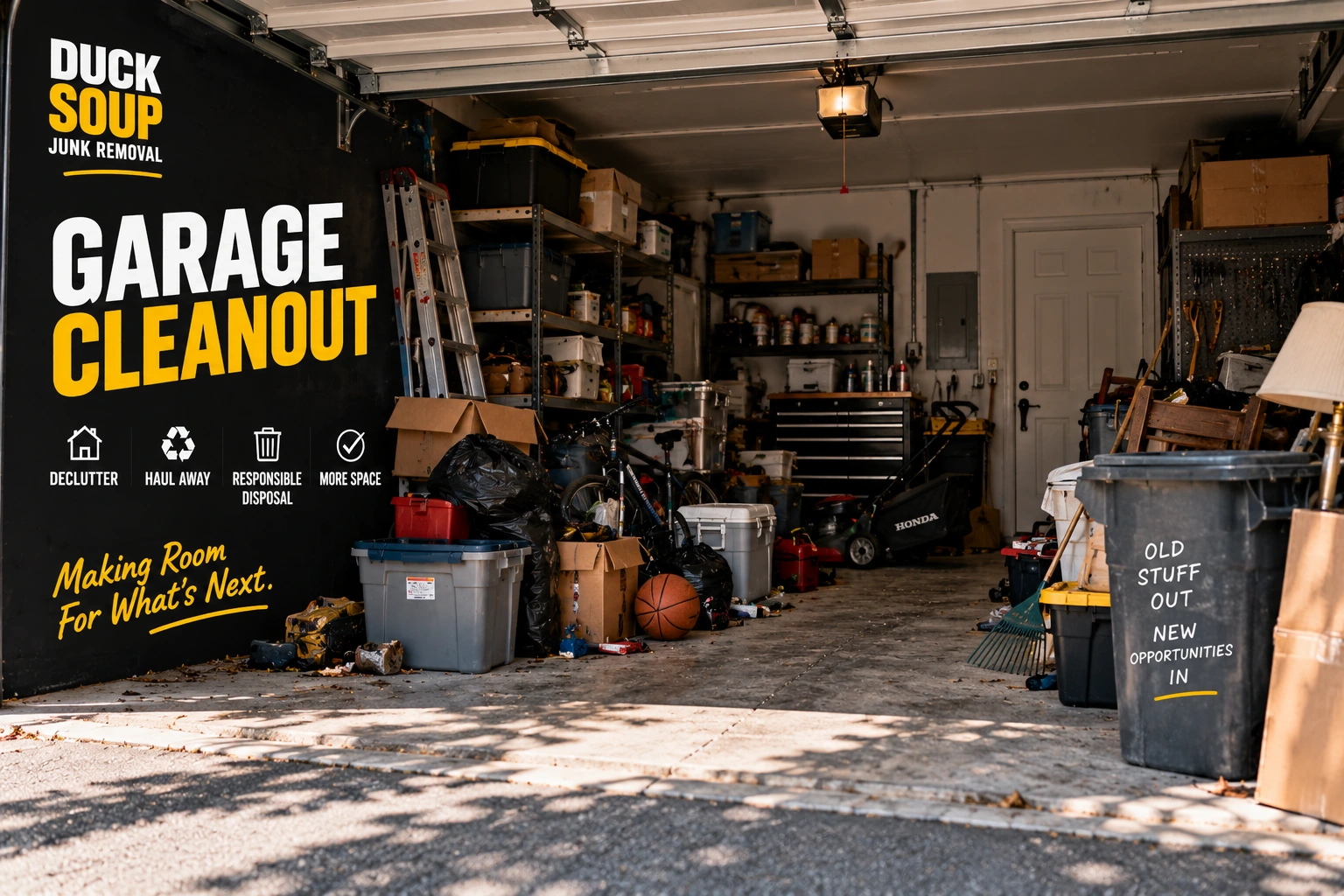 Cluttered garage before a Duck Soup garage cleanout